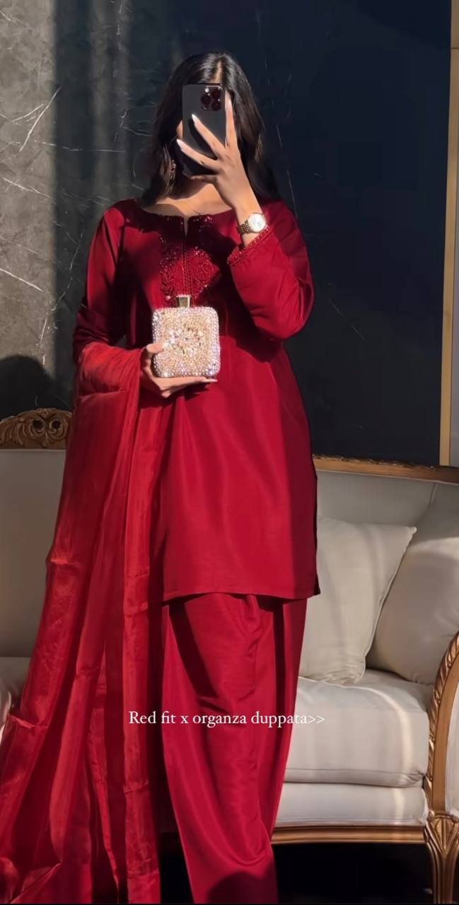 Editorial Deep Red Silk Co-ord